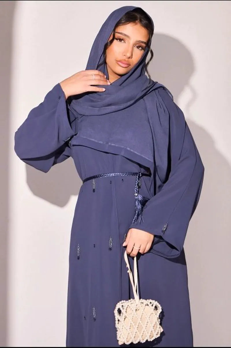 Abaya bleu foncé à strass eu feuille et fleurs