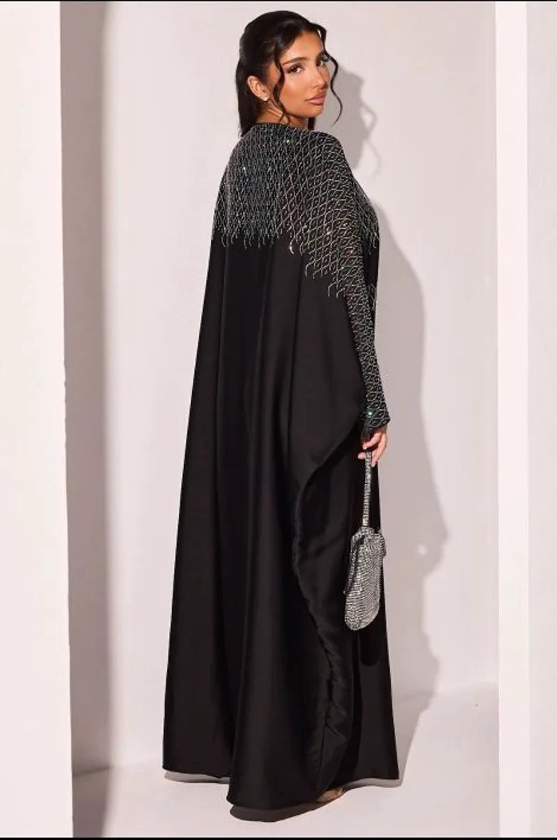 Abaya noire à strass en vagues argentées
