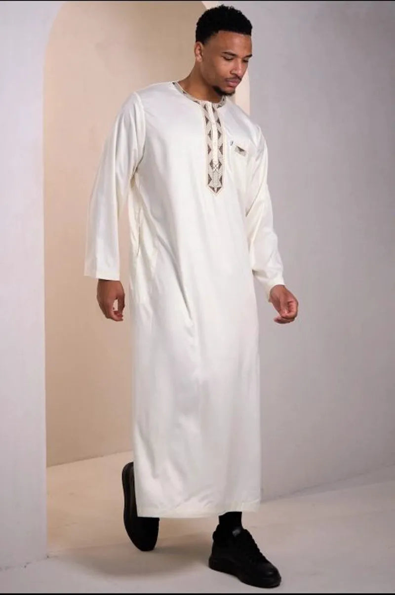 Beige qamis with brown and gold aztec pattern