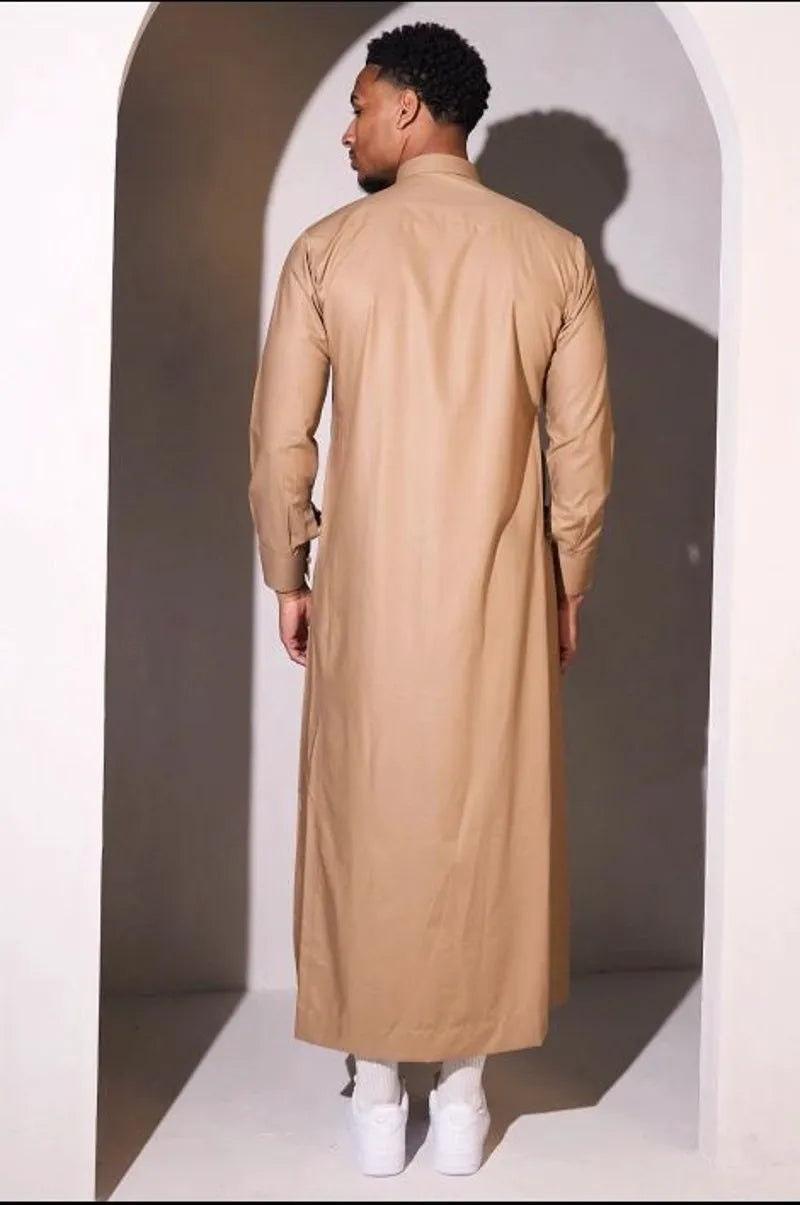 Camel-colored qamis with square golden buttons
