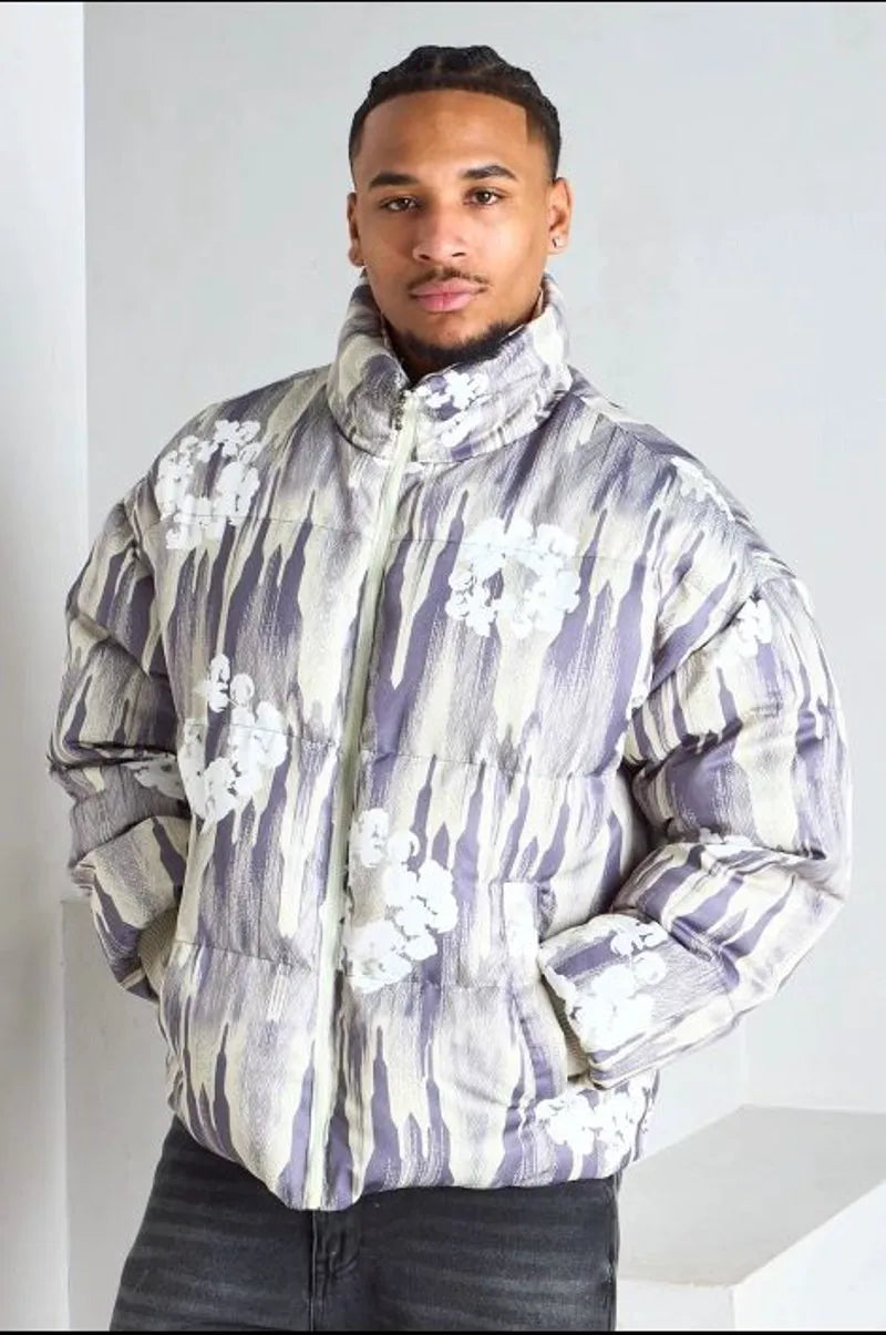 Doudoune col montant bicolore jaune et gris à motifs floraux