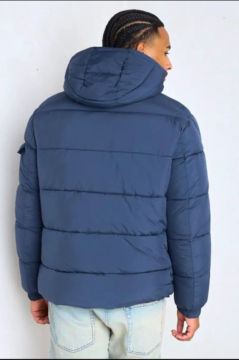 Quilted blue hooded down jacket