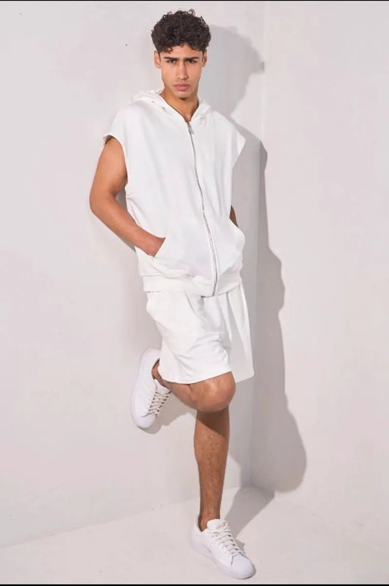 Patterned two-piece set: hooded sleeveless jacket + white shorts