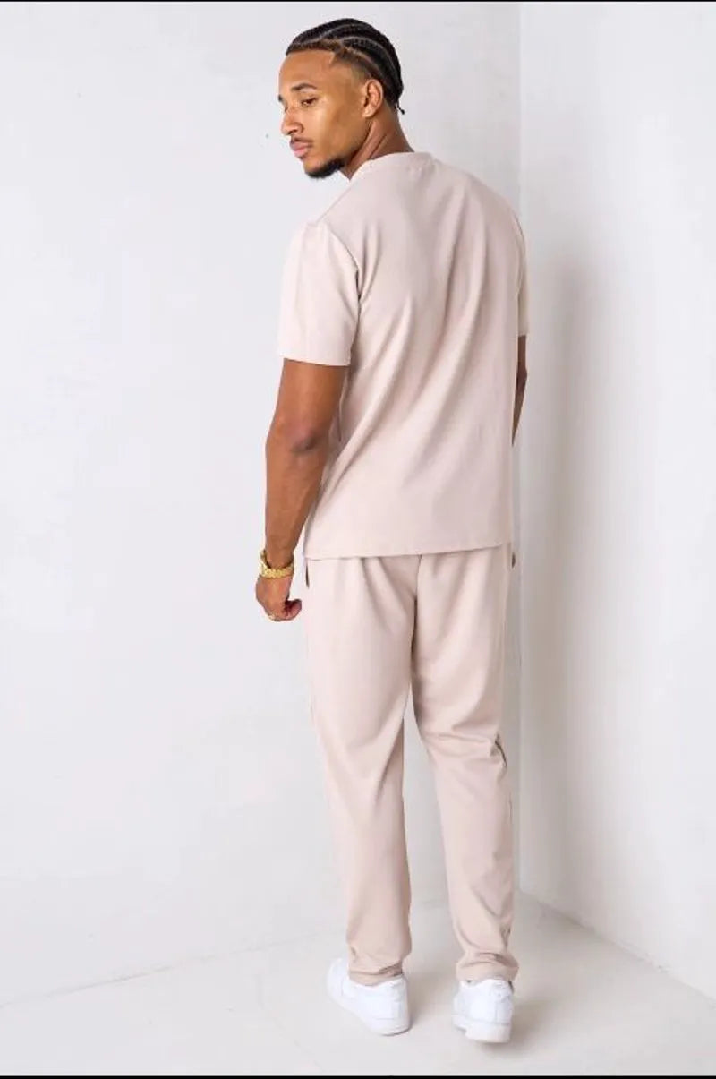 Beige piqué knit two-piece set: top + trousers