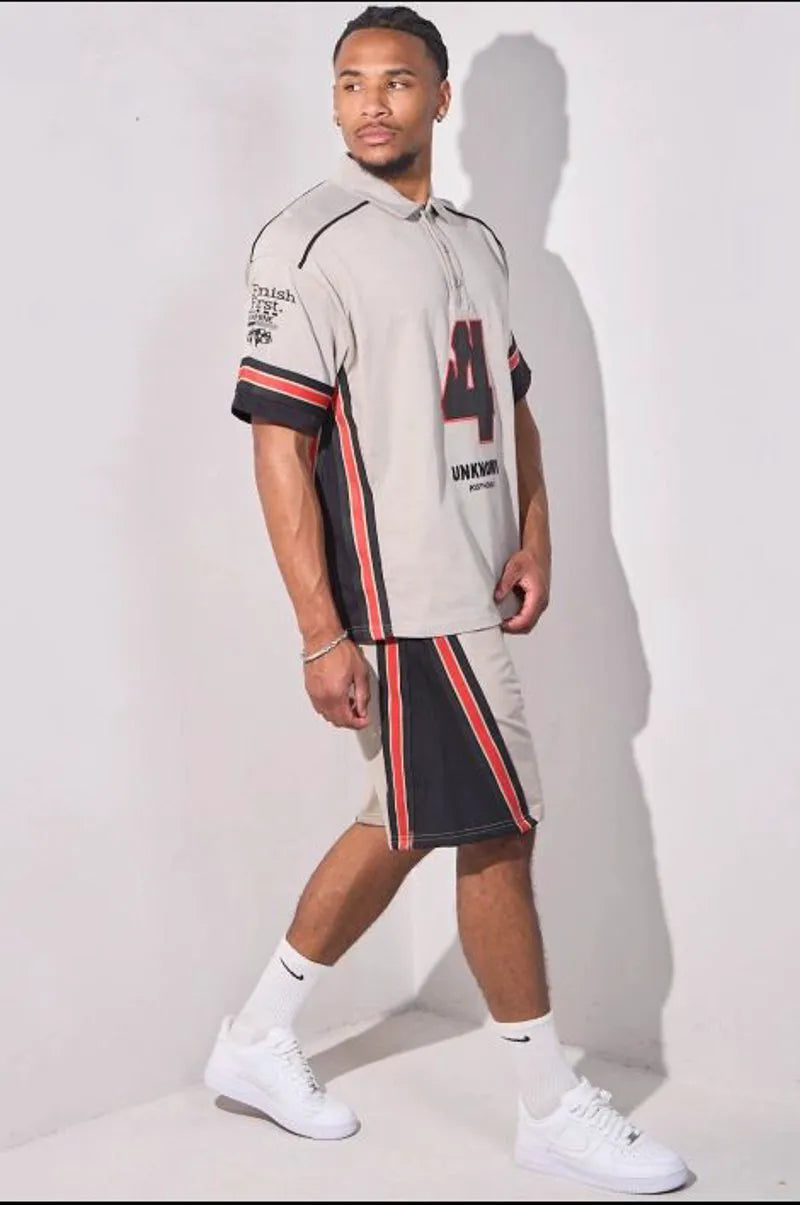 Gray embroidered two-piece set with striped polo and shorts