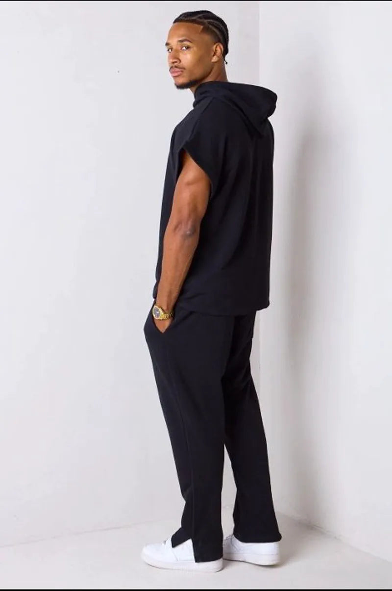 Two-piece set: hooded top + black trousers