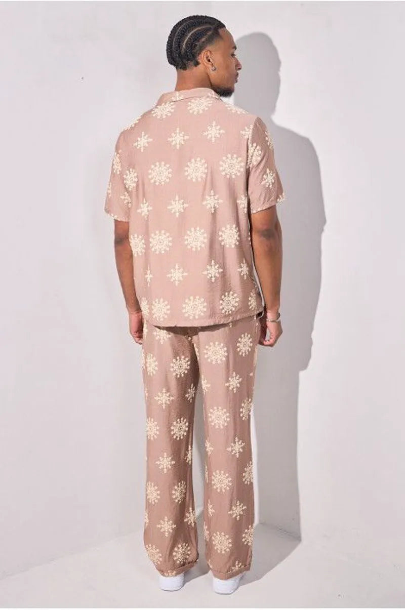 Floral print two-piece set: shirt + taupe trousers