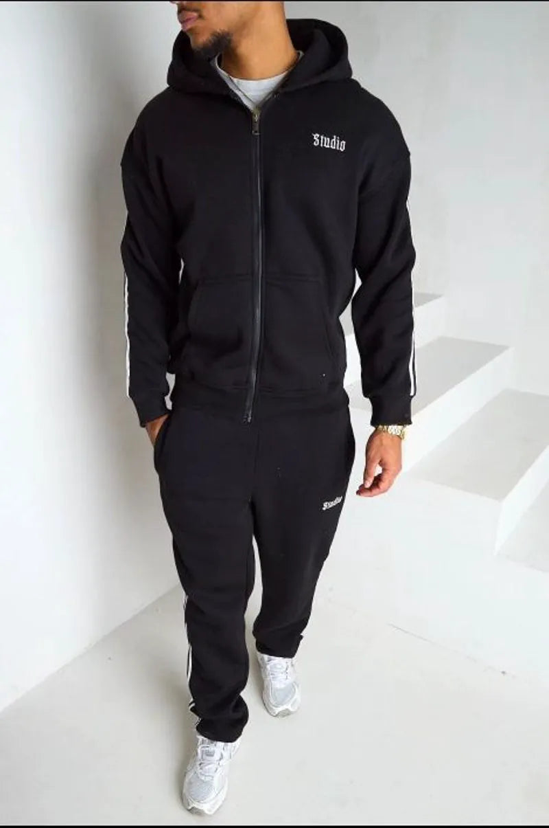Ensemble 2 pièces noir veste à capuche + jogging coupe droite à bandes et inscription