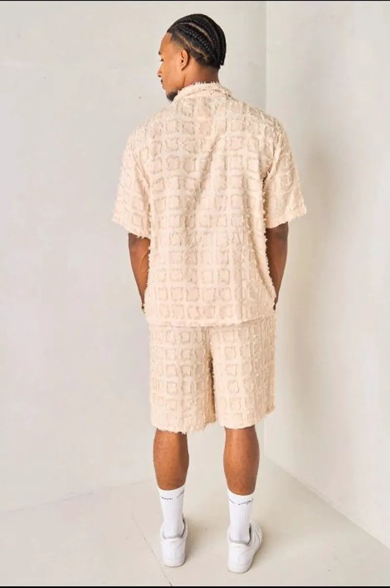 Textured two-piece set with fringed square pattern: beige shirt + shorts