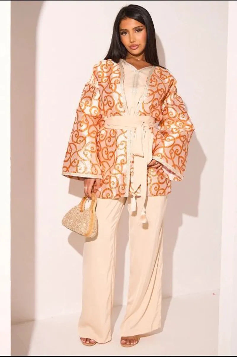 Ensemble 3 pièces orange à motifs arabesque débardeur + veste + pantalon