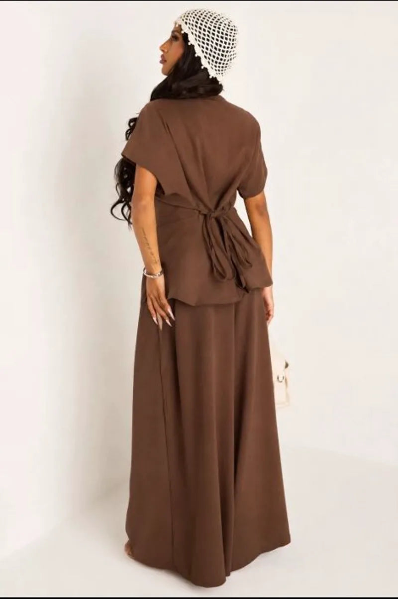 Ensemble deux pièces marron haut manches courtes + pantalon coupe droite