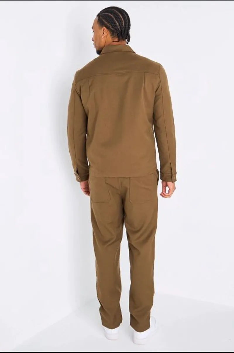 Ensemble deux pièces vert kaki veste à col rabat + pantalon coupe droite