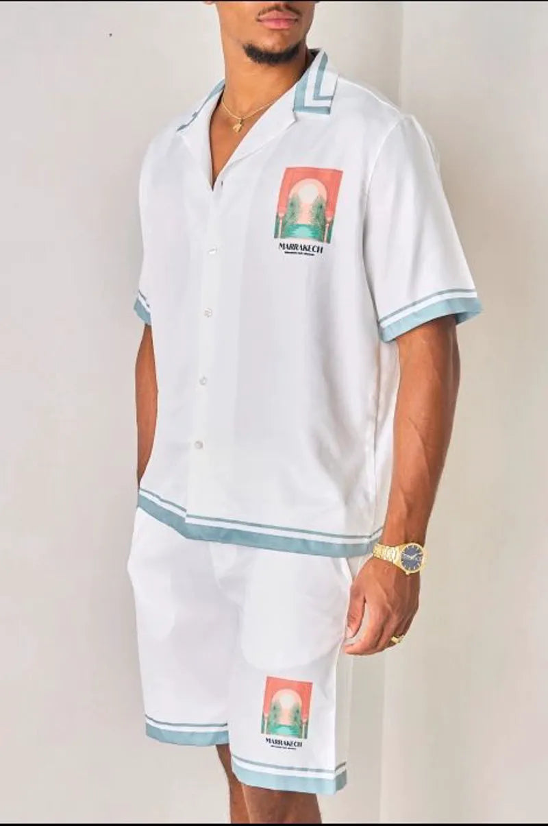 "marrakech" two-piece set: green and white shirt + shorts