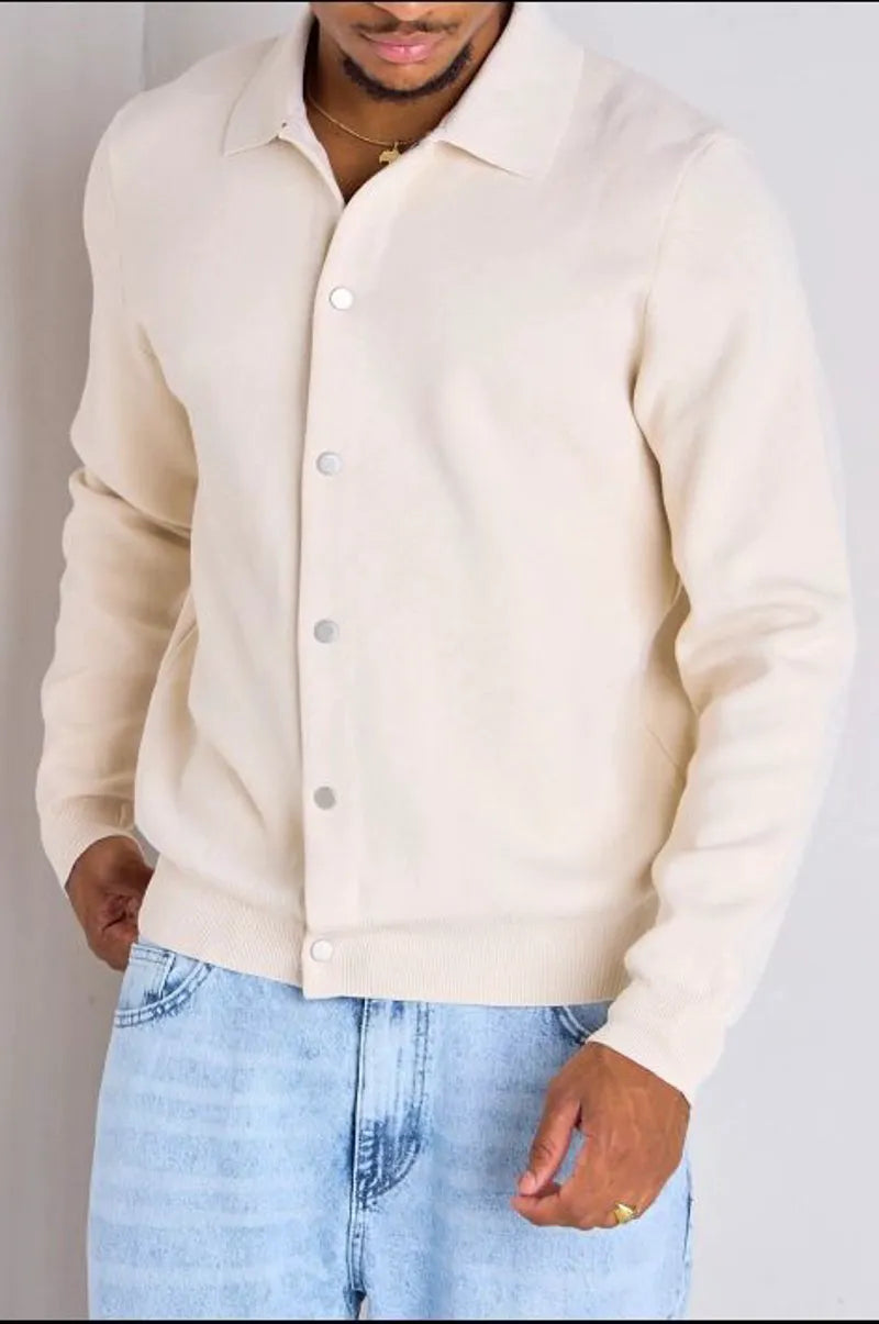Beige sweater vest with fold-over collar