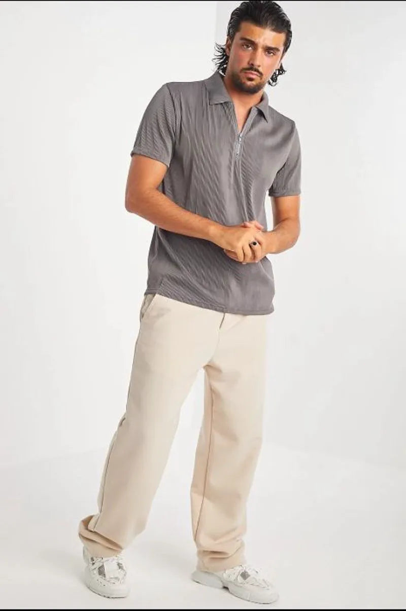 Grey pleated polo with zippered collar