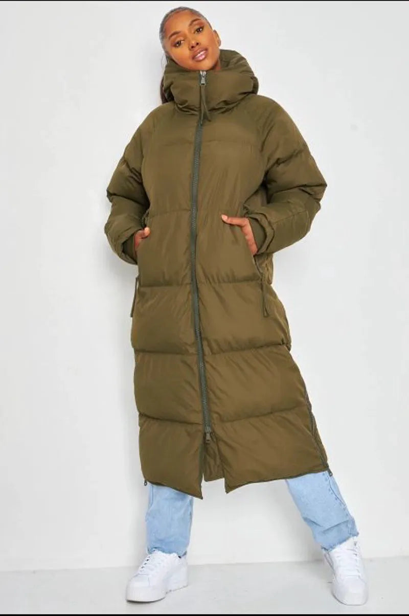 Long quilted khaki down coat with double zipper closure