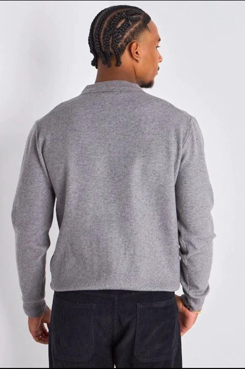 Polo gris effet maille à manches longues et col rabat