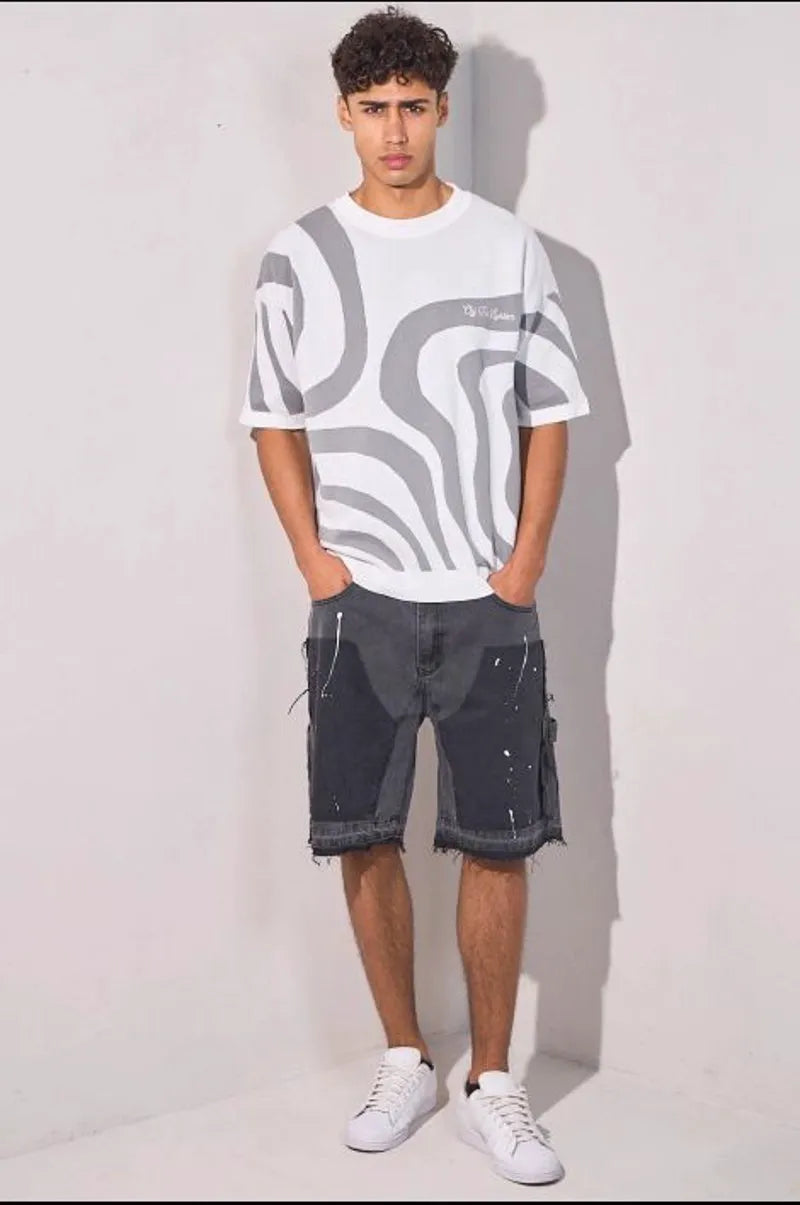 Two-tone white and gray short-sleeve sweater
