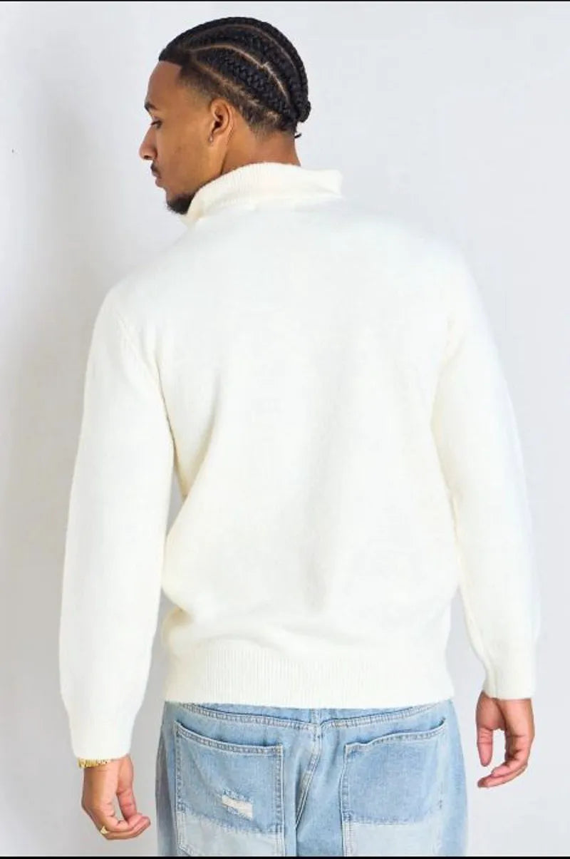 Ecru wool sweater with embossed knit pattern