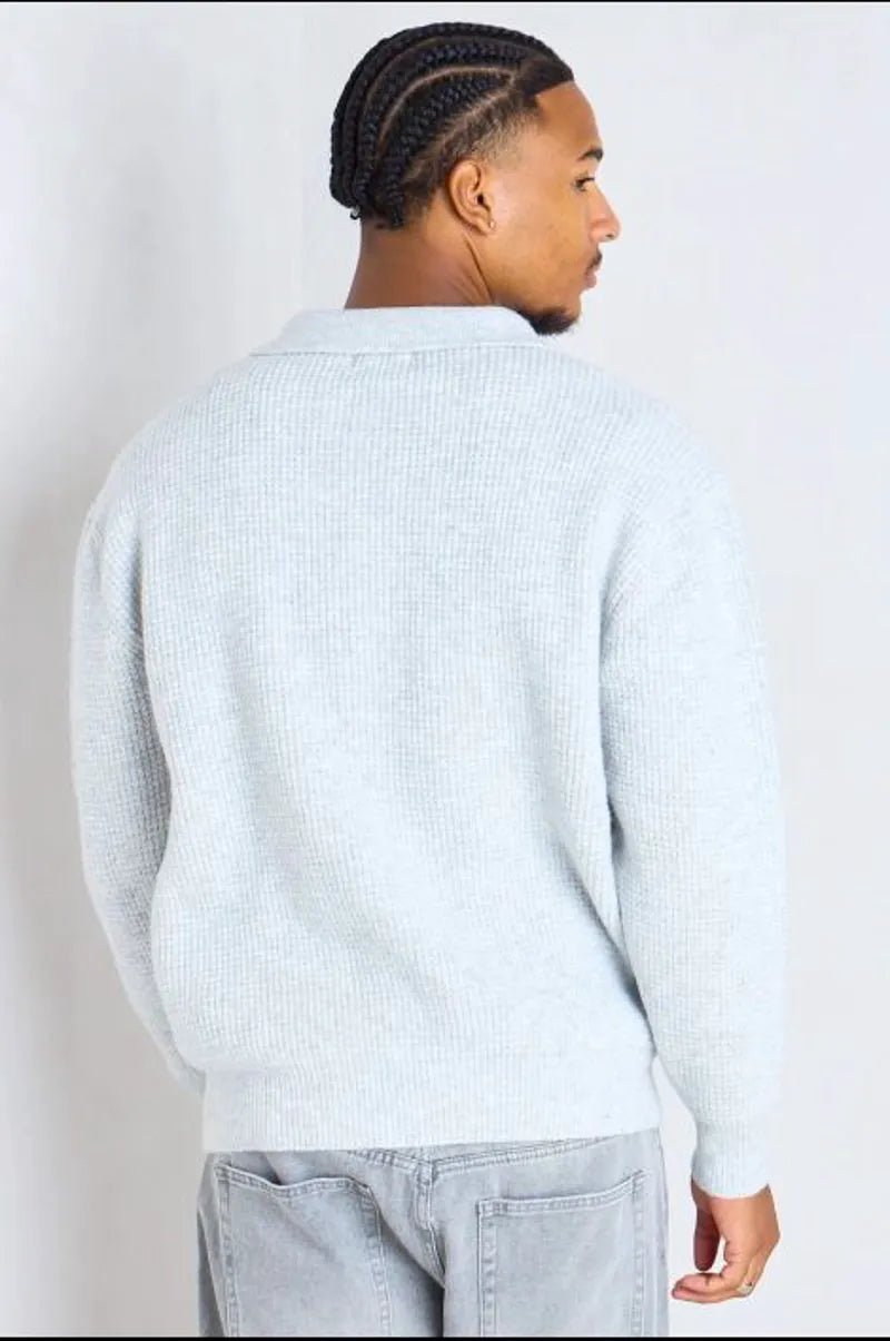 Light gray wool sweater with a zippered polo collar