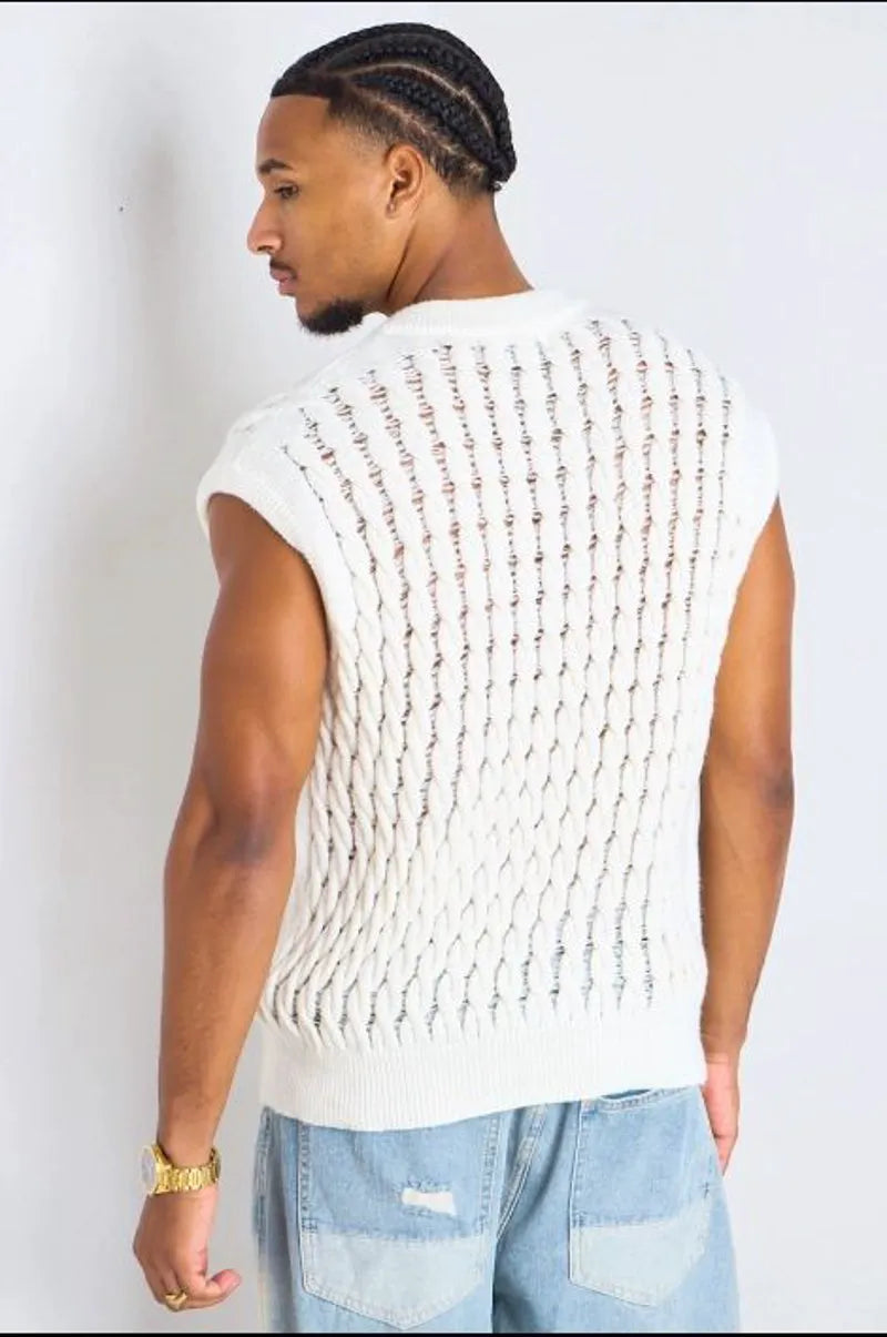 White sleeveless open-knit oversized sweater