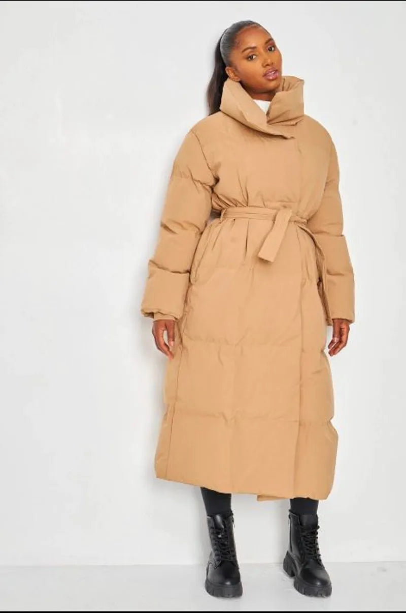 Quilted camel long-sleeve puffer jacket