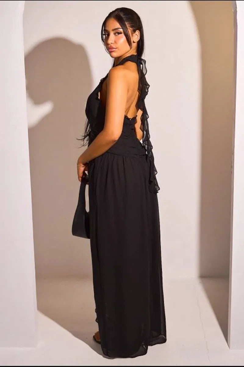 Robe dos nu noire à volants et effet voile transparent