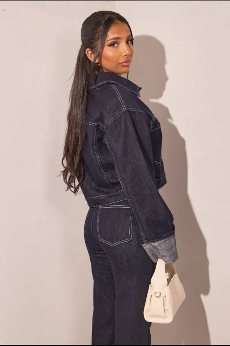 Dark blue cropped denim jacket with visible stitching