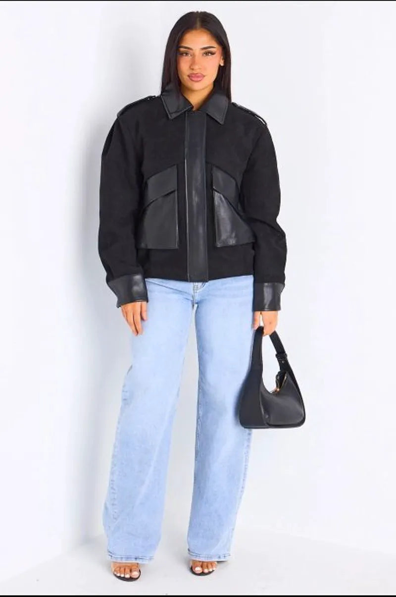 Veste en simili cuir bi-matière noire