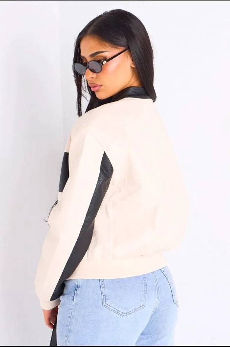 Veste en simili cuir bicolore beige