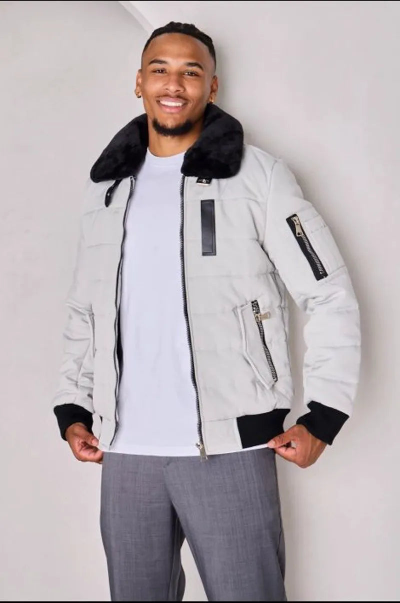 Quilted grey jacket with a fur collar
