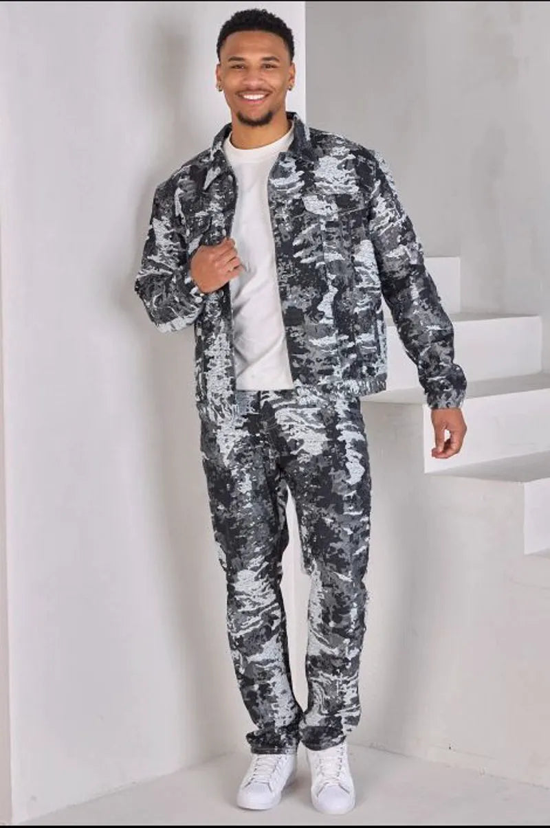 Two-piece set: black camouflage jacket and jeans