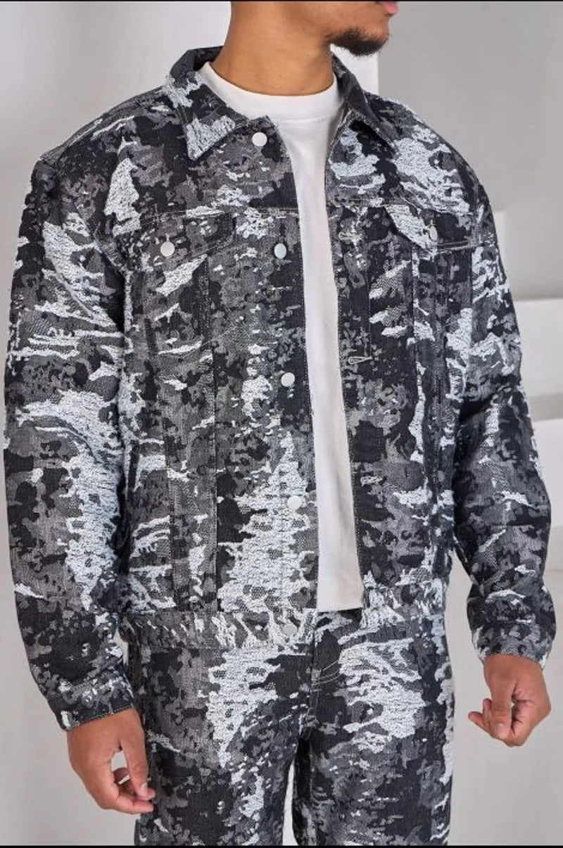 Two-piece set: black camouflage jacket and jeans