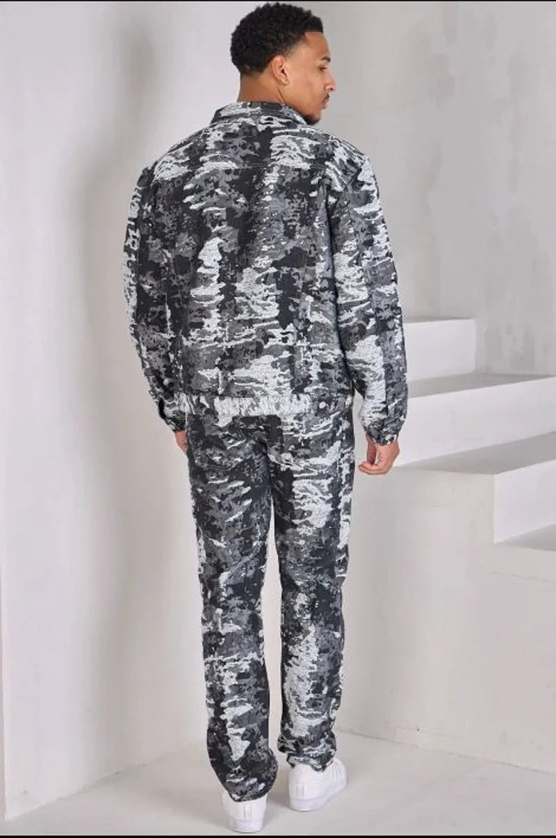 Two-piece set: black camouflage jacket and jeans