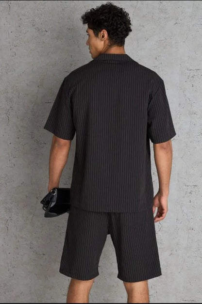 Two-piece set: black striped shirt and shorts