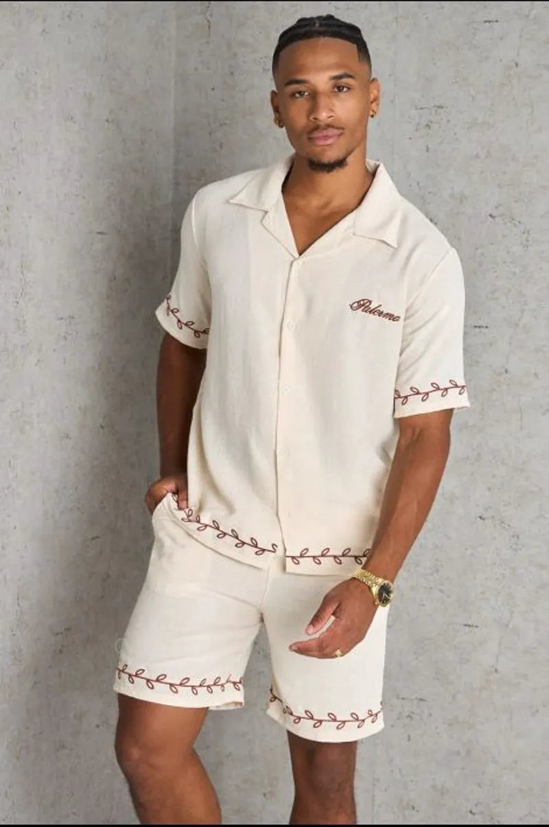 Two-piece set: beige fluid shirt and shorts
