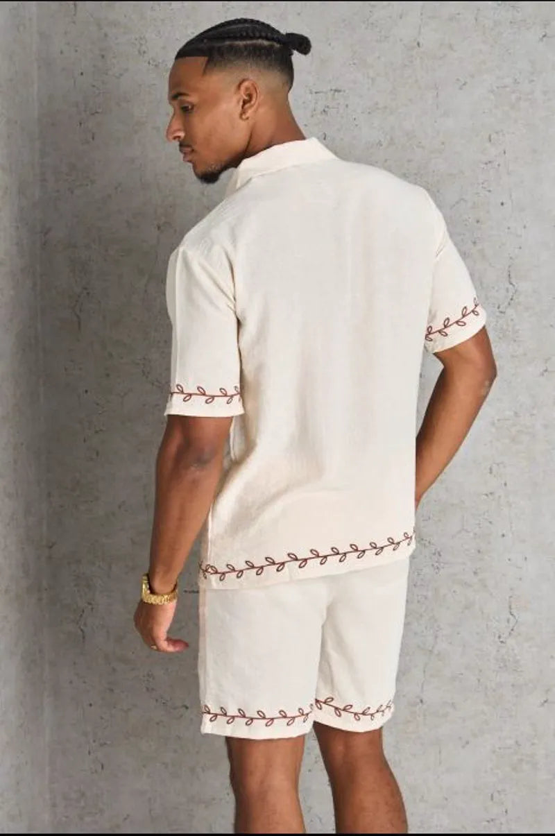 Two-piece set: beige fluid shirt and shorts