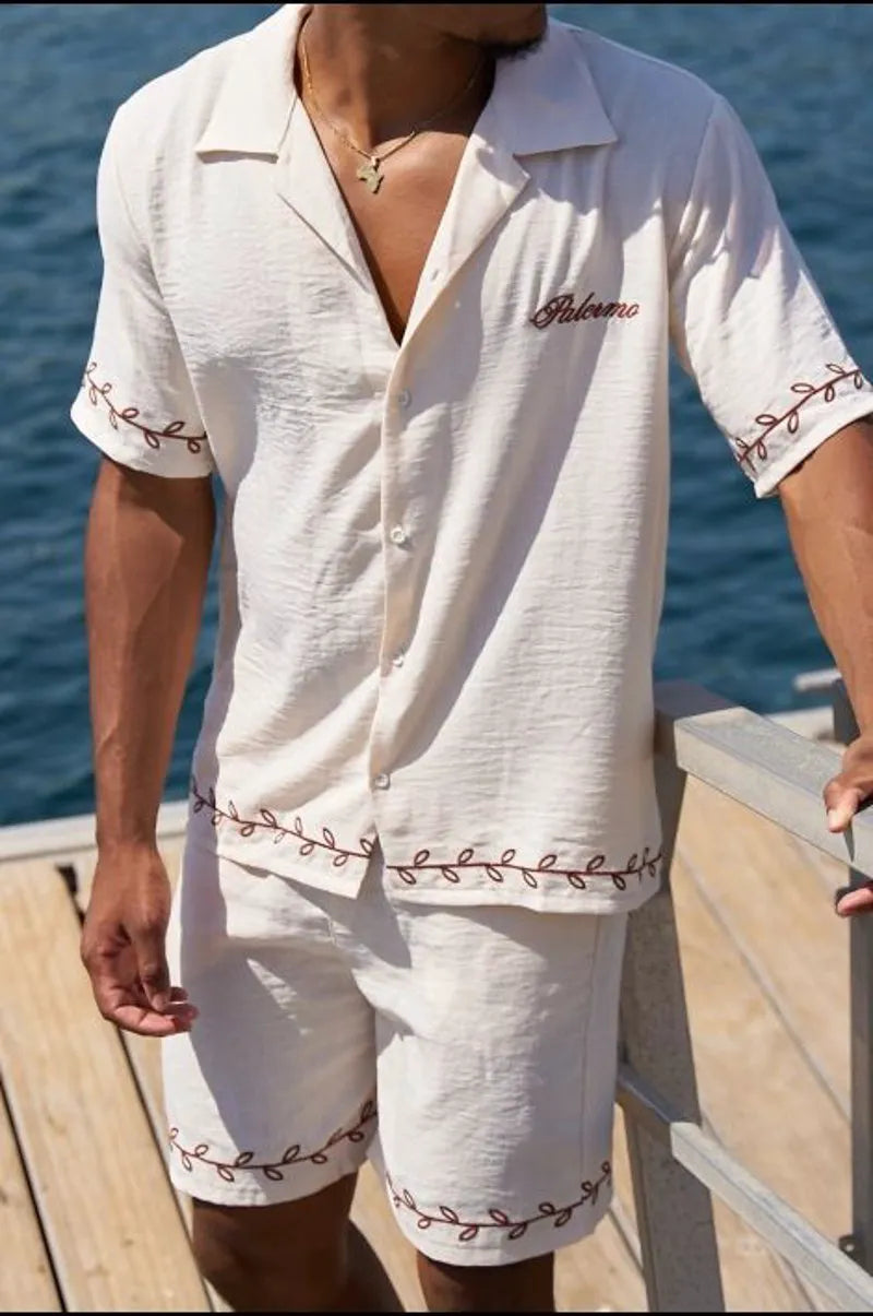 Two-piece set: beige fluid shirt and shorts