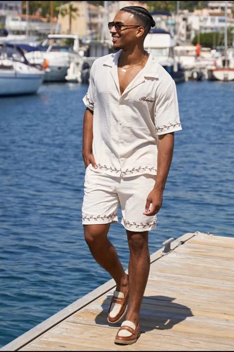 Two-piece set: beige fluid shirt and shorts