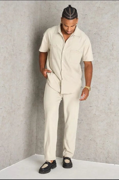 Two-piece ensemble: beige shirt and trousers