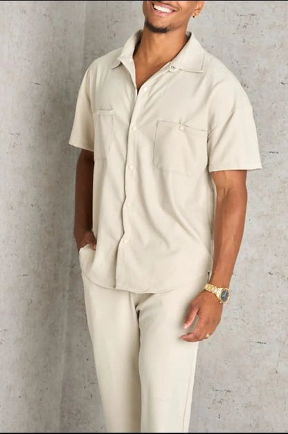 Two-piece ensemble: beige shirt and trousers