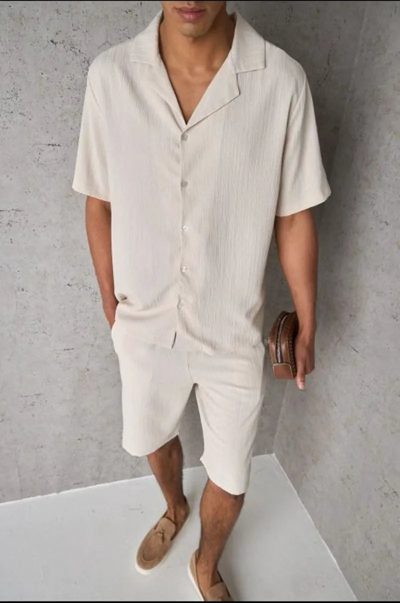 Two-piece ensemble: textured beige shirt and shorts
