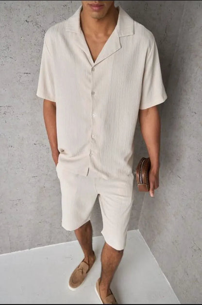 Two-piece ensemble: textured beige shirt and shorts