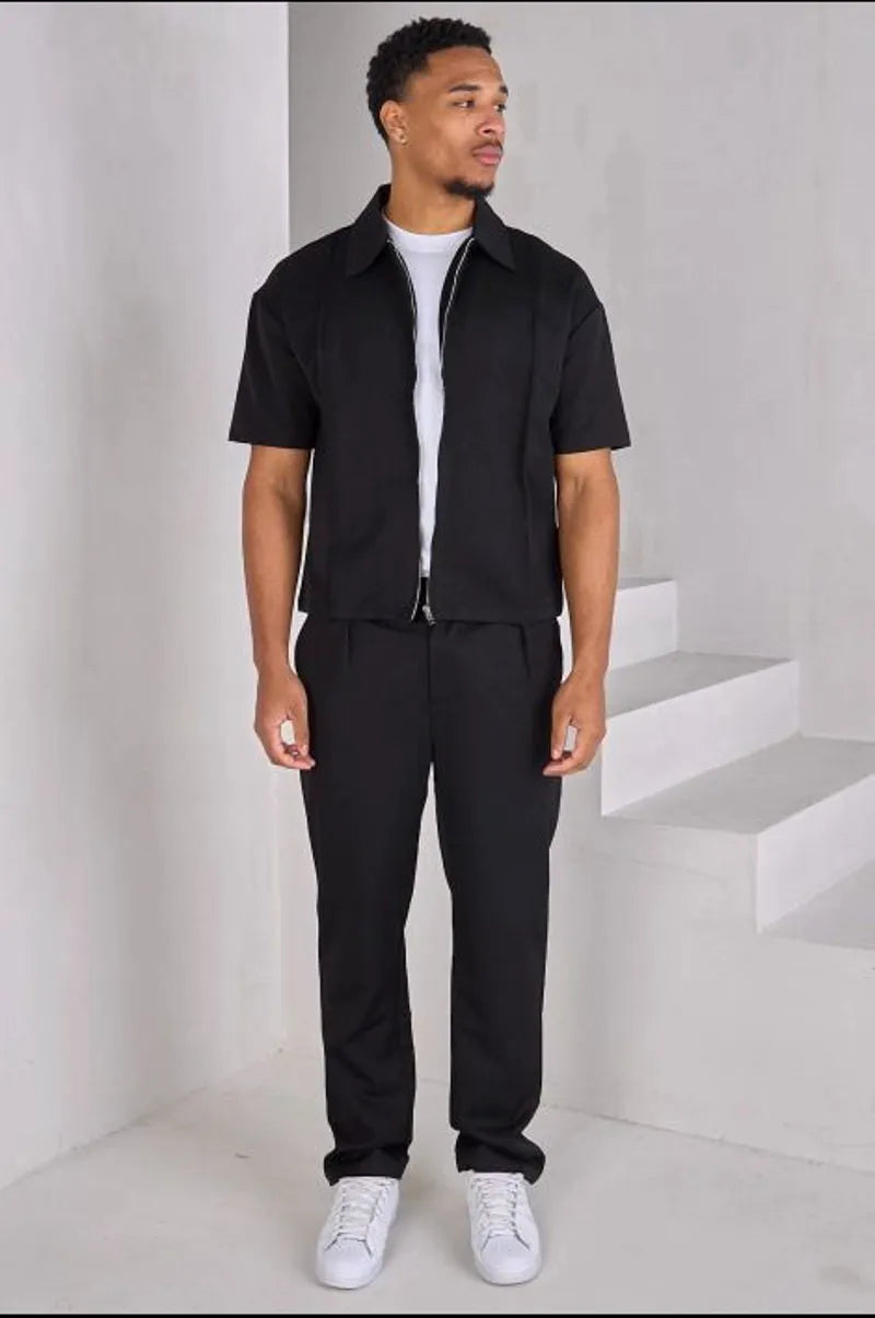 Two-piece set: zippered shirt + black trousers