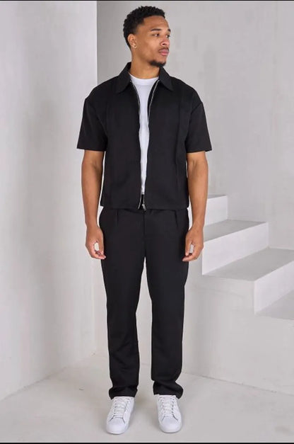 Two-piece set: zippered shirt + black trousers