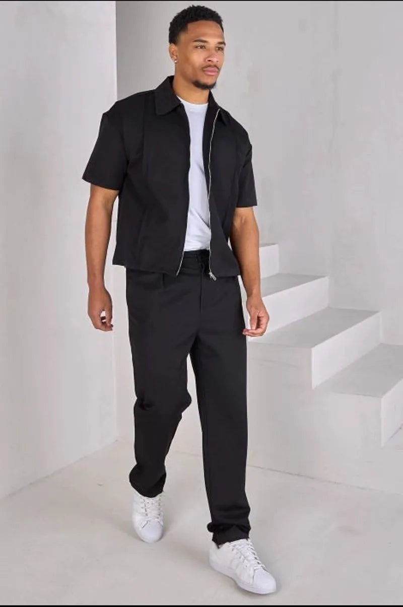 Two-piece set: zippered shirt + black trousers