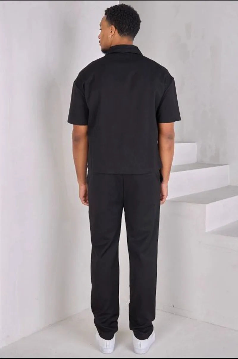 Two-piece set: zippered shirt + black trousers