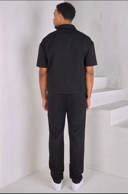 Two-piece set: zippered shirt + black trousers