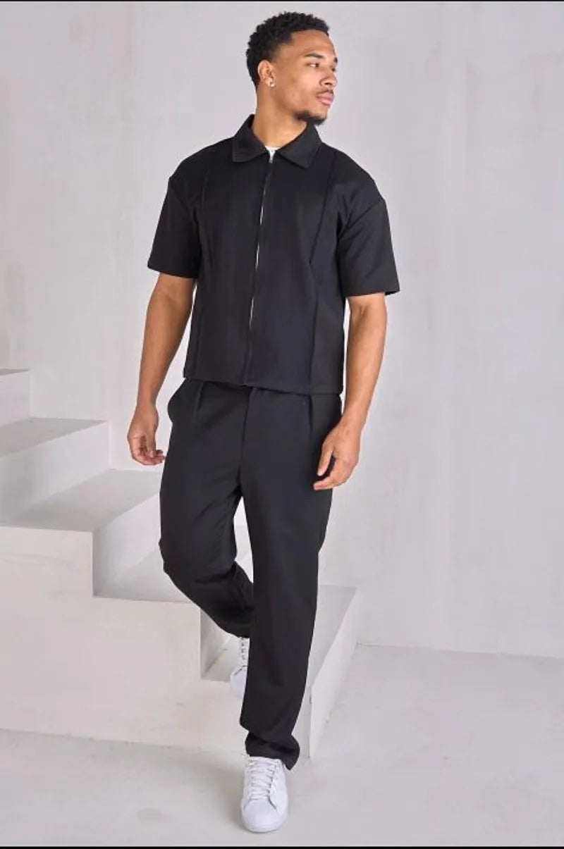Two-piece set: zippered shirt + black trousers