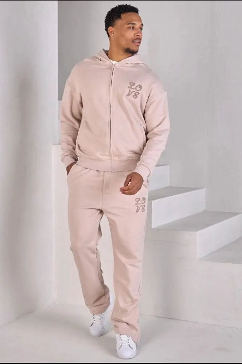 Two-piece set: beige zip-up sweatshirt and joggers